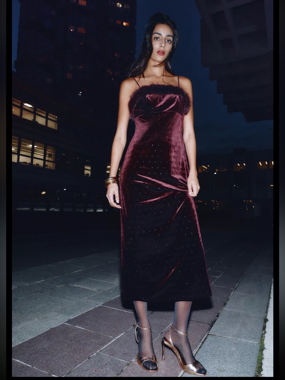 Zara velvet Beaded faux fur midi dress, maroon
